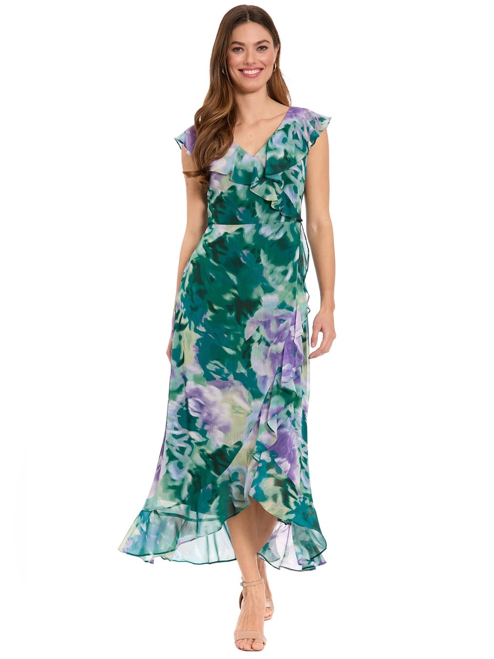 Maggy London Alessandra Ruffle Faux Wrap Floral Mermaid Maxi Dress Orchid Teal 6